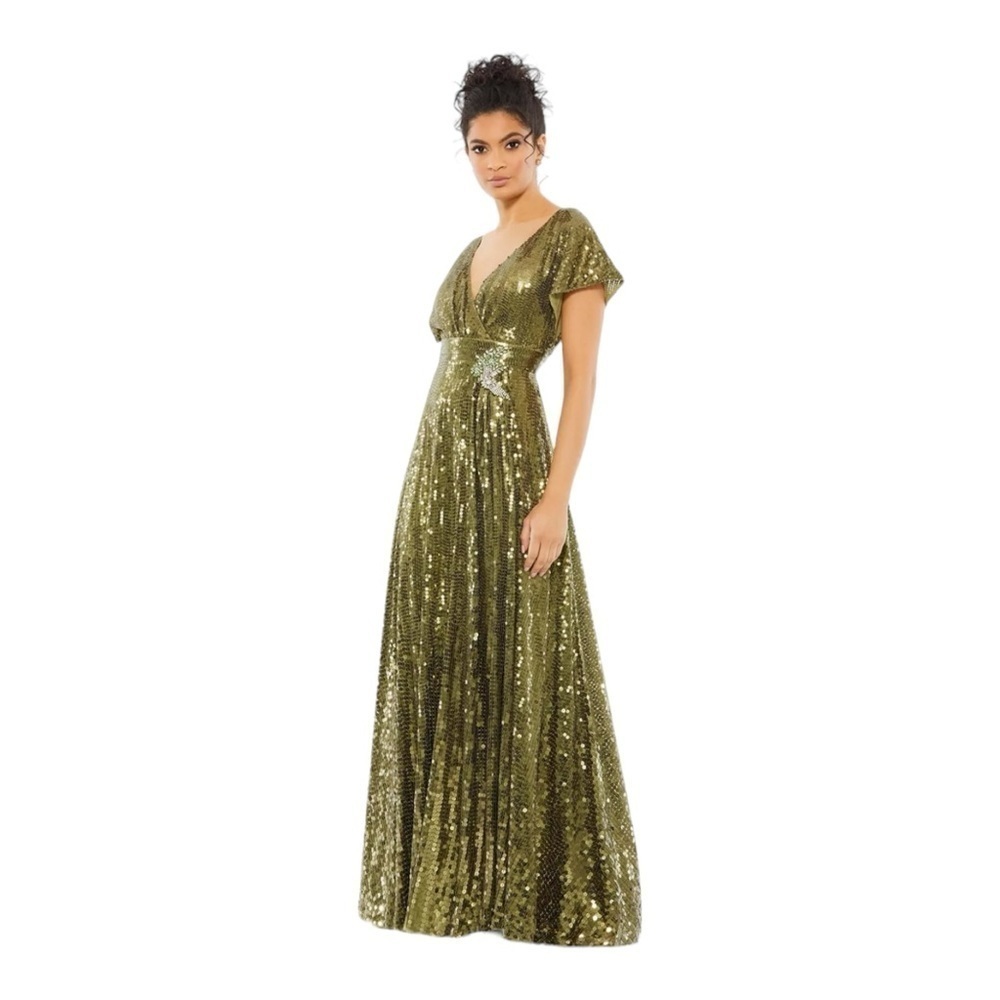 Mac Duggal Sequined Butterfly Sleeve Wrap Over A Line Gown in Olive NWT - Picture 1 of 8